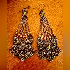 Chandelier drop earrings with green stones and bronze pearls